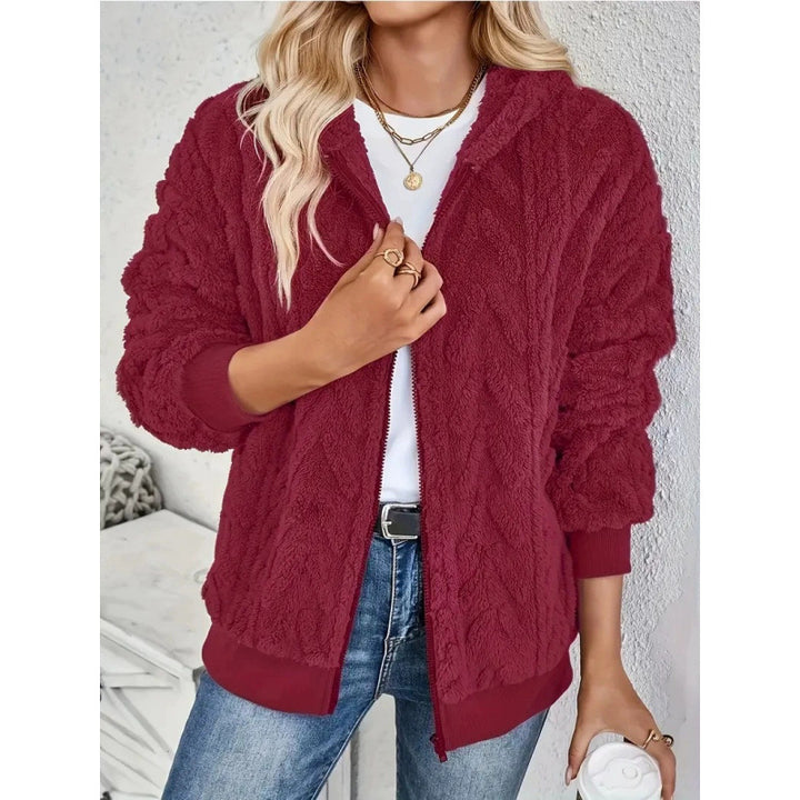 Ladies Cozy Fleece Jacket with High Collar and Chic Knit Pattern