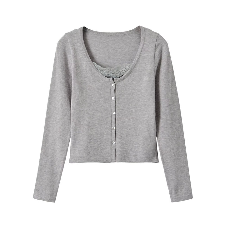 Women's fine-knit cardigan with lace insert and continuous button placket Amarae