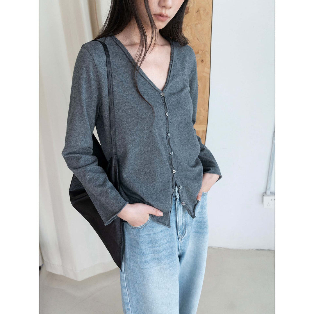 Ladies Fine Button Cardigan with Raw V-Neck Dress