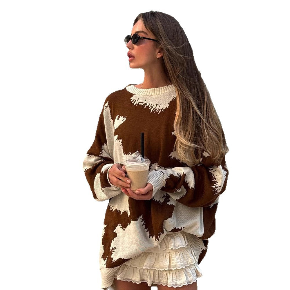 Women Oversized Knit Sweater with Abstract Spot Pattern and Ribbed Cuffs Amarae