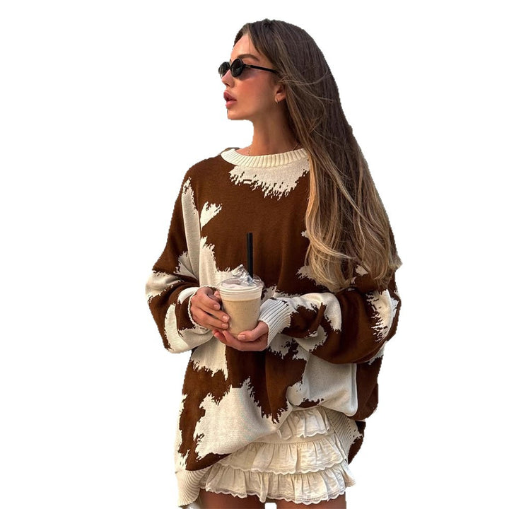 Women Oversized Knit Sweater with Abstract Spot Pattern and Ribbed Cuffs Amarae
