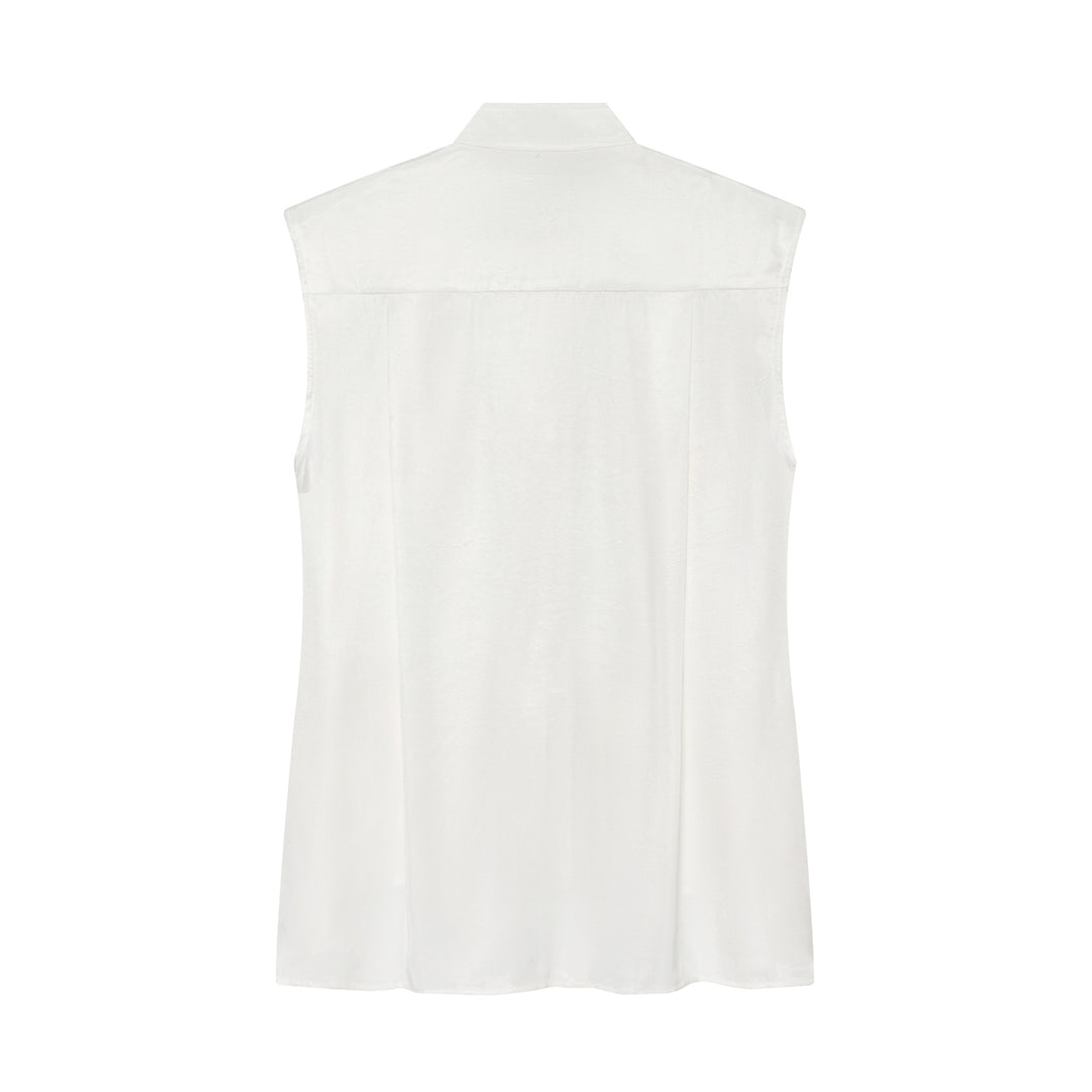 Women's utility vest with stand-up collar, button placket, drawstring, and patch pockets Amarae