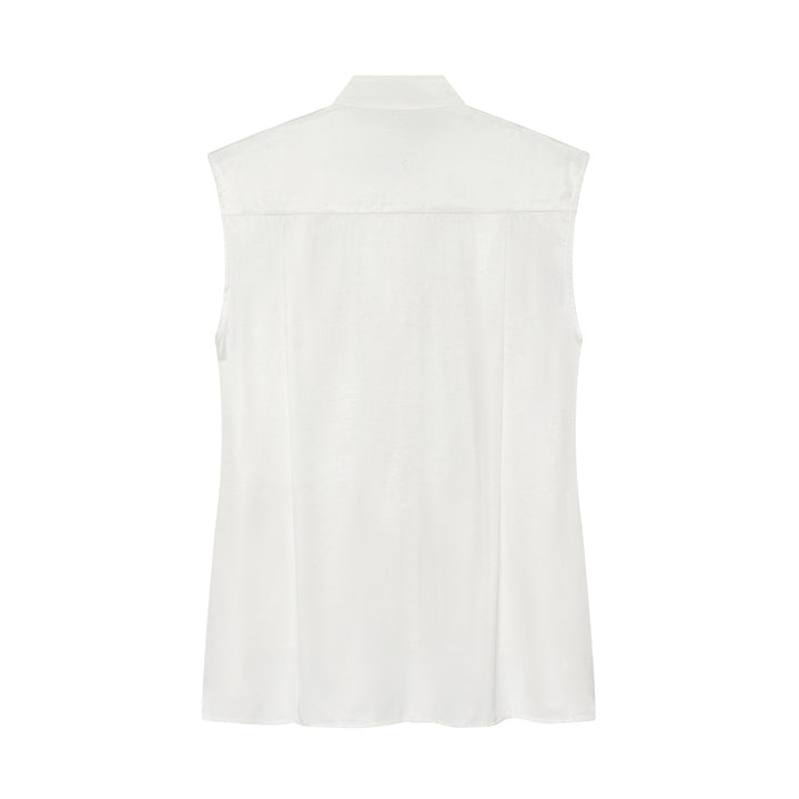 Women's utility vest with stand-up collar, button placket, drawstring, and patch pockets Amarae