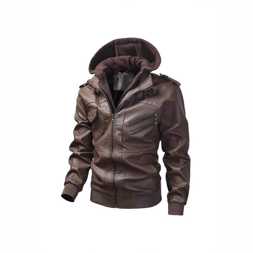 Men's faux leather jacket with removable hood and multifunction pockets Amarae