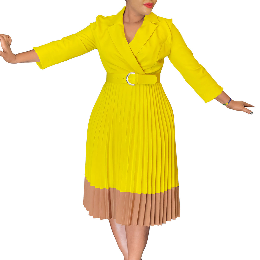 Elegant pleated dress for women with fitted blazer top and belt Lune London