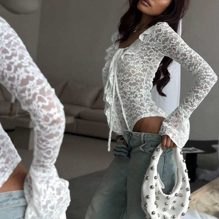 Lace body for women with playful ruffle detail and V-neck Lune London