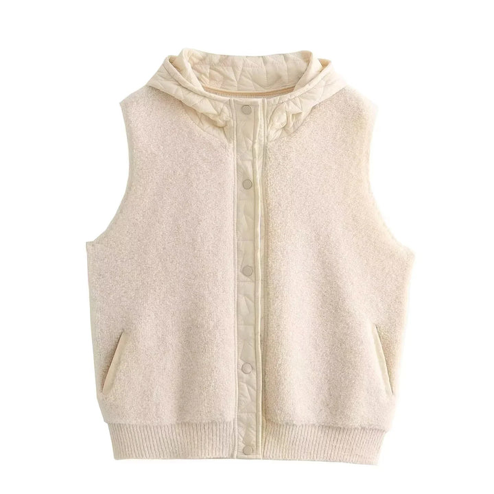 Women's Padded Wool Blend Vest with Hood and Snap Button Placket Amarae