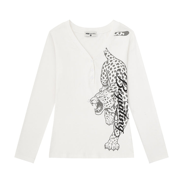 Women's Long Sleeve Henley Shirt with V-Neck and Large Panther Print Amarae