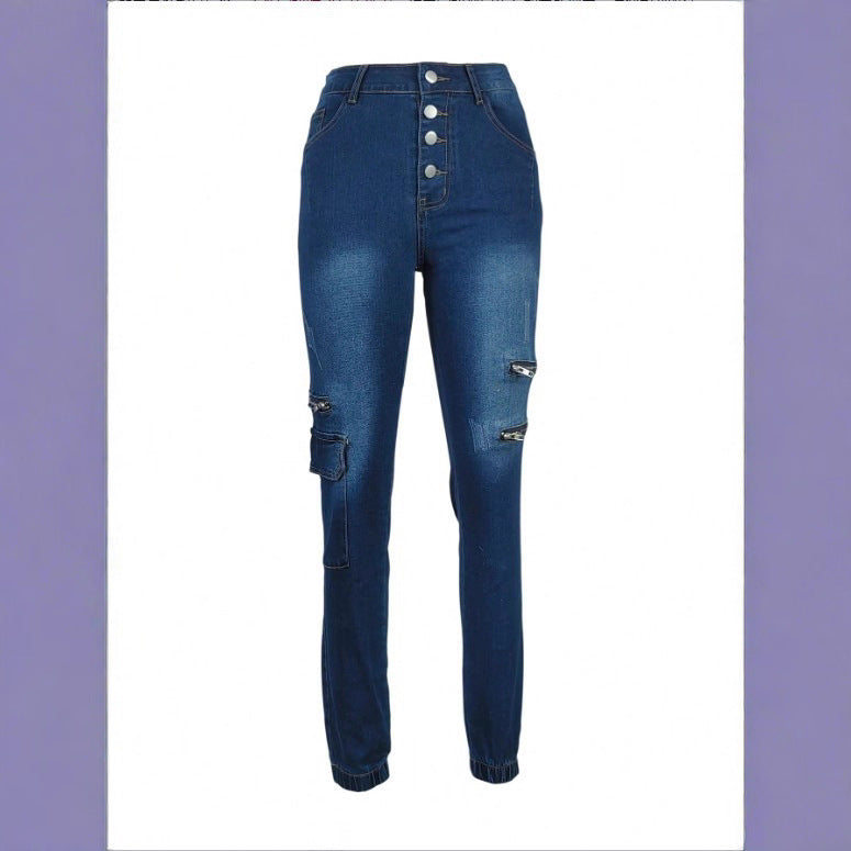 Women's High-Waisted Skinny Jeans with Cargo Zipper Pockets & Button Closure Amarae