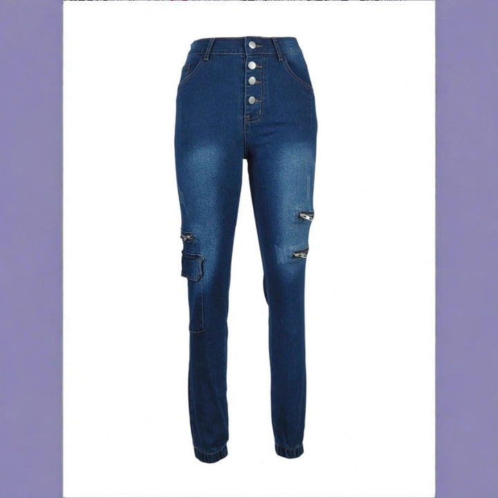 Women's High-Waisted Skinny Jeans with Cargo Zipper Pockets & Button Closure Amarae