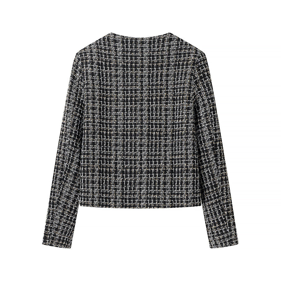 Ladies elegant short jacket in a trendy tweed style with gold button details Lune London