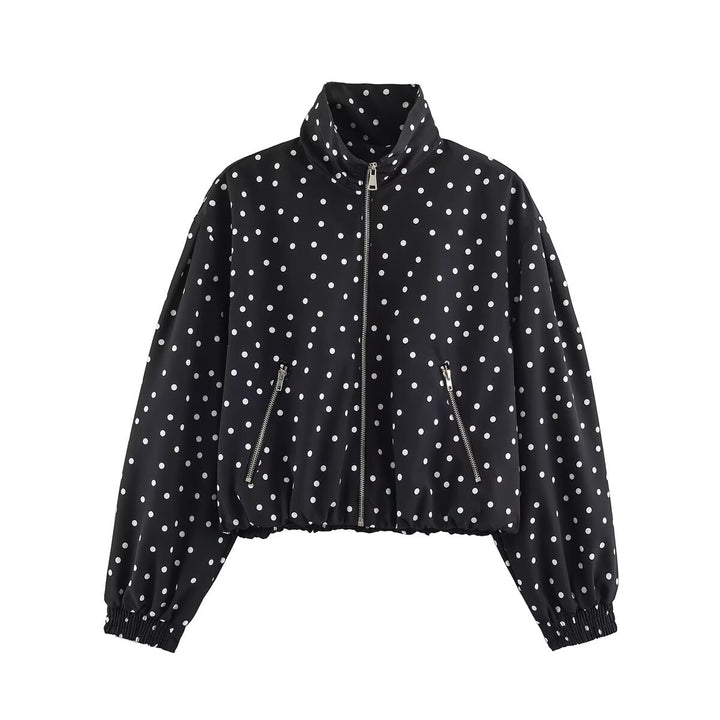 Women's Cropped Bomber Jacket with Stand Collar and Dot Pattern Amarae