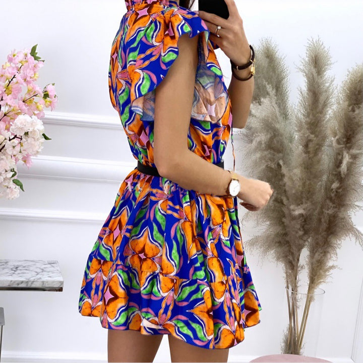 Chic and style women's fluid A-line mini dress with ruffled sleeves
