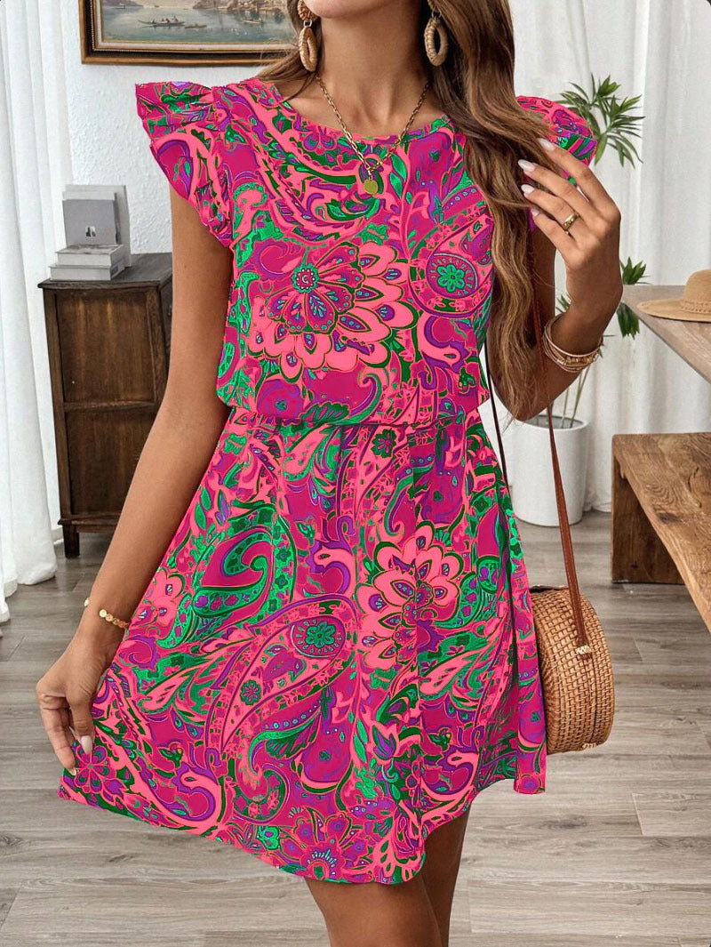 Women Mini Dress with Floral Print, Fluid with Puff Sleeves, Lune London