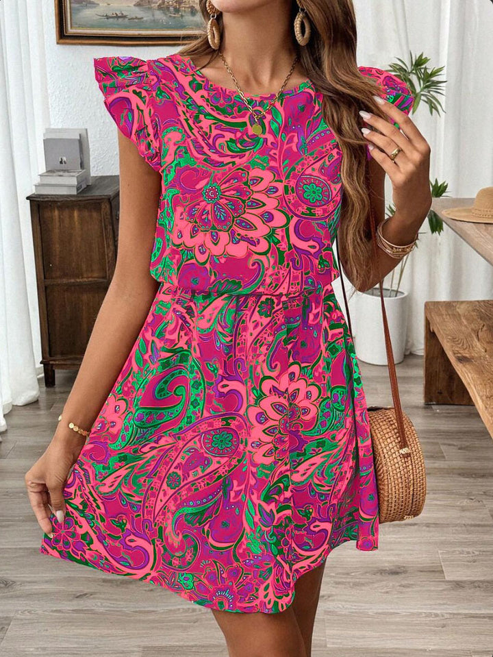 Women Mini Dress with Floral Print, Fluid with Puff Sleeves, Lune London