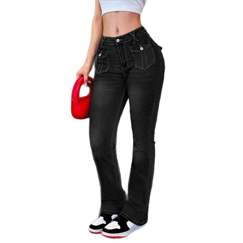 Women's High-Waisted Stretch Jeans with Light Flare and Decorative Pockets Amarae