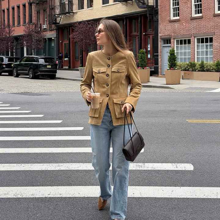 Women’s short jacket in military utility style with patched flap pockets and round neckline Amarae