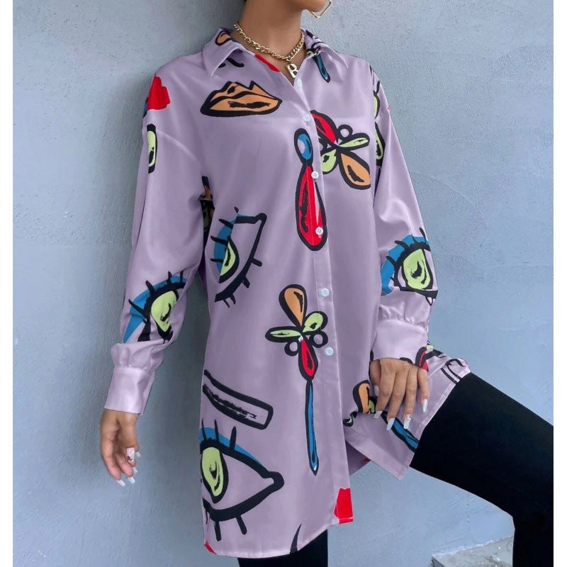 Women's Oversized Long Blouse with Pop Art Print, Shirt Collar and Continuous Button Placket Amarae