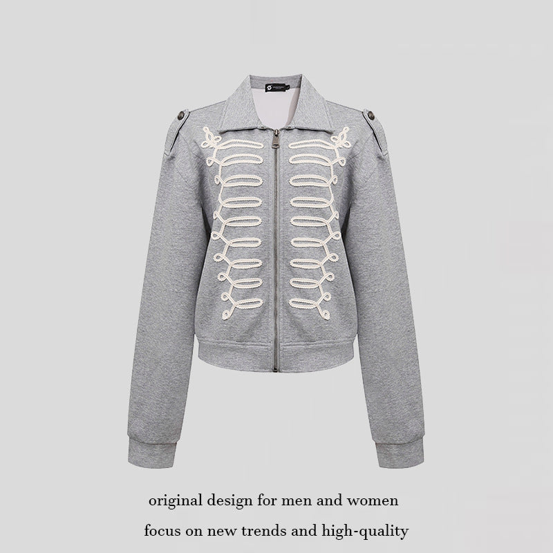 Ladies sweat jacket with decorative drawstring, zipper and shoulder patches Amarae