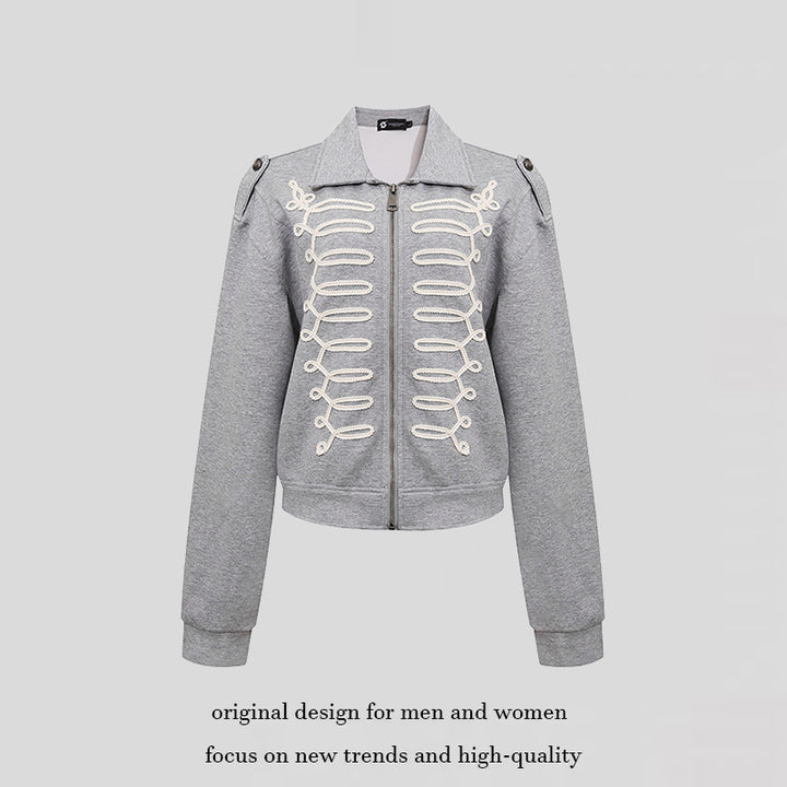 Ladies sweat jacket with decorative drawstring, zipper and shoulder patches Amarae