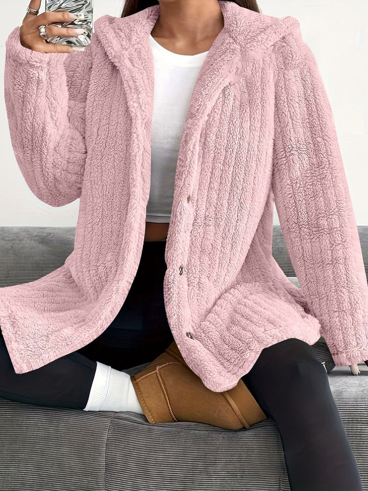 Lady long cozy jacket with long sleeves, hood, and button trim Lune London
