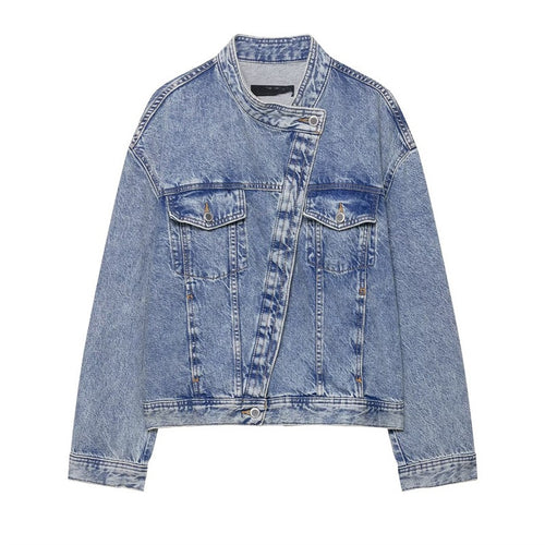 Veste en jean de créateur pour femmes avec coupe asymétrique et poches pratiques Chic & Stil