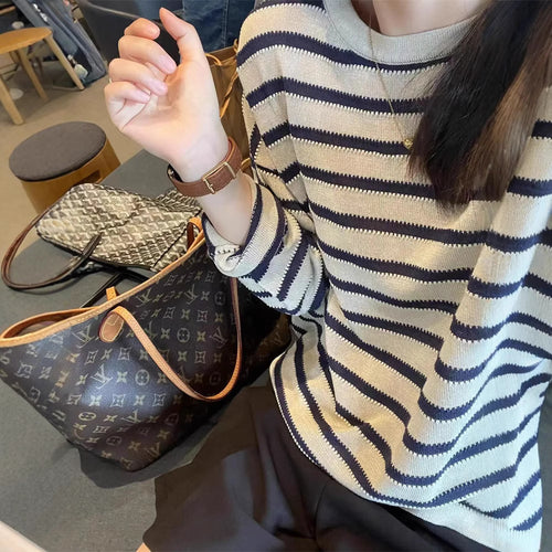 Trendy knitted sweater for women with nautical stripe pattern and relaxed fit Amarae