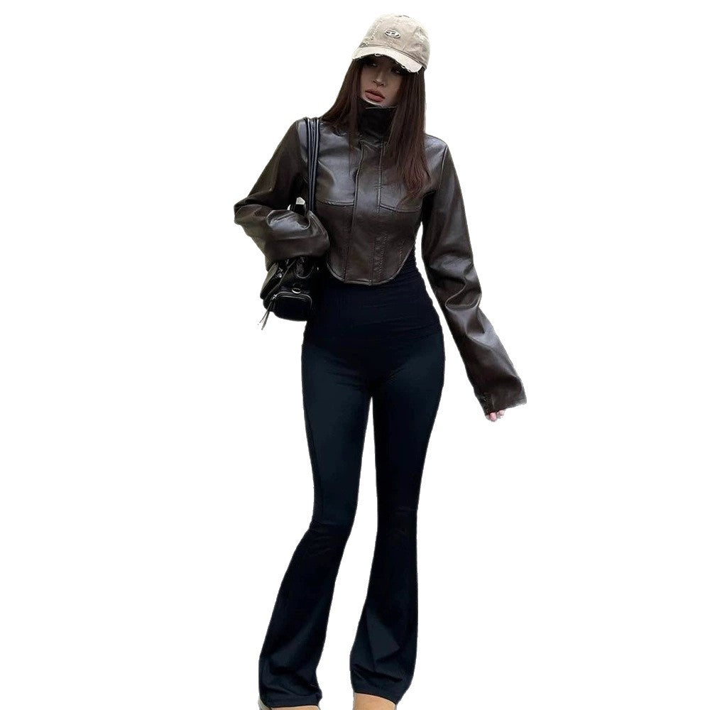 Women Cropped Faux Leather Corset Jacket with High Standing Collar and Extended Sleeves Amarae