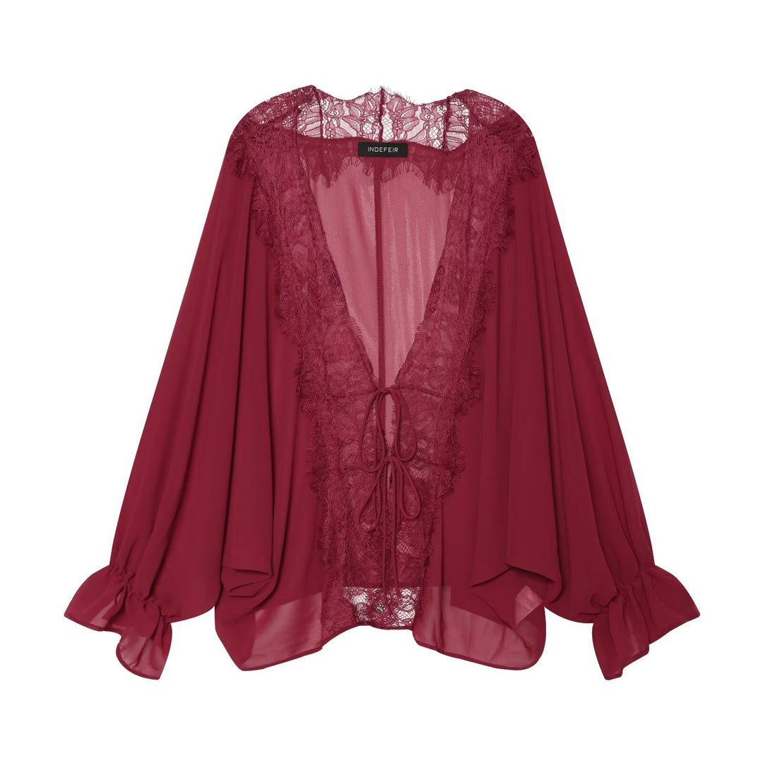 Women's Flowing Kimono Blouse with Lace Trim and Tie Band Amarae