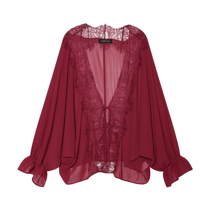 Women's Flowing Kimono Blouse with Lace Trim and Tie Band Amarae