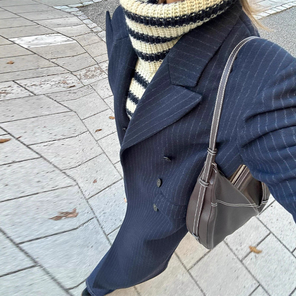 Women's maxi coat in pinstripe look with double-breasted button placket and lapel collar Amarae