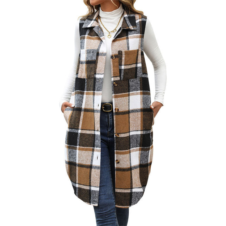 Ladies long sleeve cardigan with checked pattern and practical pockets Lune London