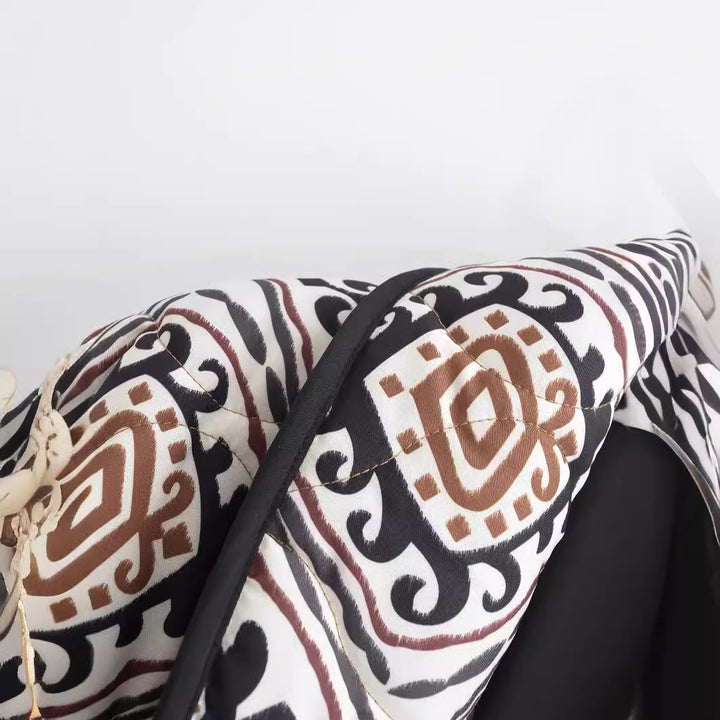 Women's quilted kimono jacket with graphic ethnic print and waist belt Amarae