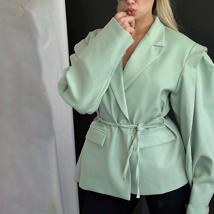 Ladies Tailored Wrap Blazer with Shoulder Pads and Tying Belt Amarae