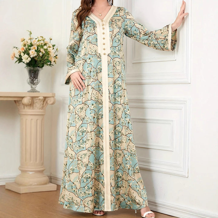 Maxi dress for women with artistic floral pattern and button details Lune London