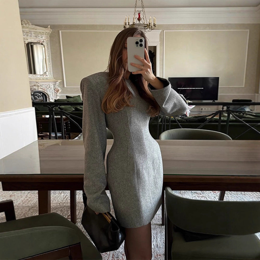 Women's Tailored Wool Blend Mini Dress with Emphasized Waist and Long Sleeves Amarae