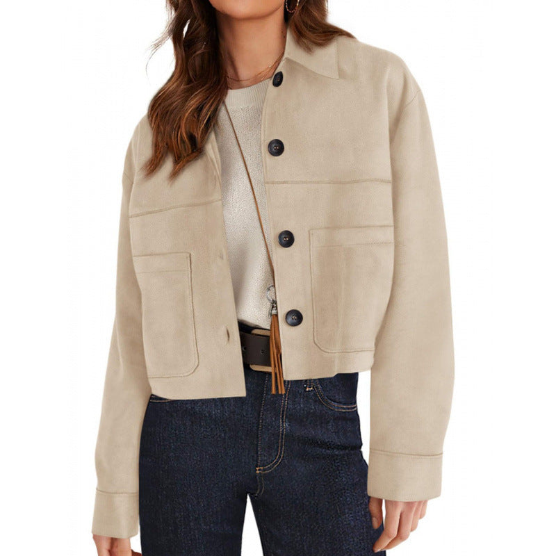 Women's short suede-look jacket with patch pockets and shirt collar Amarae