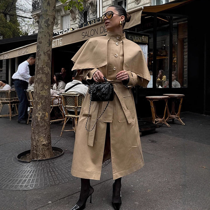 Women Long Trench Coat with Capelet, Waist Belt and Storm Collar Amarae