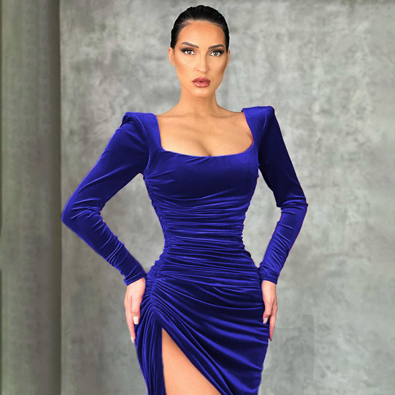 Elegant stretch dress for women with asymmetrical slit and long sleeves Lune London