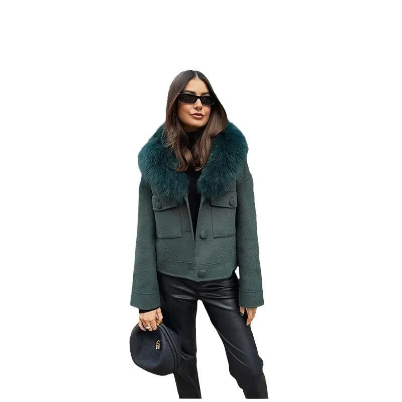 Ladies elegant wool jacket with luxurious faux fur collar Lune London