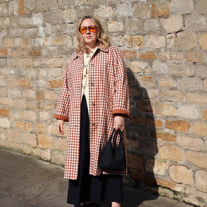 Women's Checked Midi Length Trench Coat with Turned-Up Cuffs Amarae