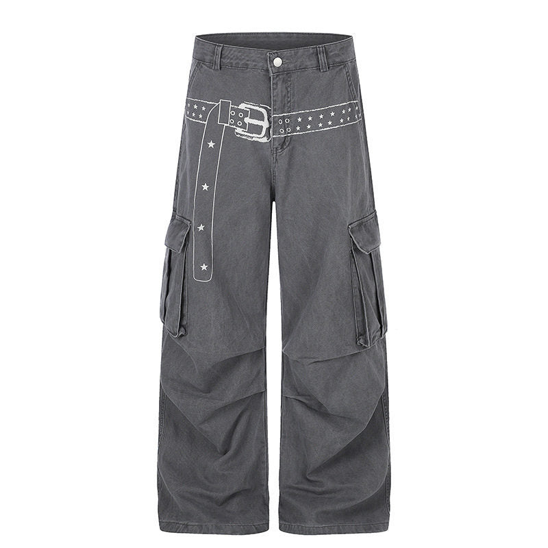 Women's cargo palazzo pants made of cotton blend with wide legs, patch flap pockets and belt print Amarae