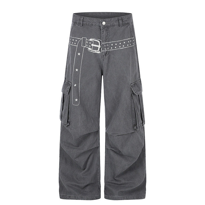 Women's cargo palazzo pants made of cotton blend with wide legs, patch flap pockets and belt print Amarae