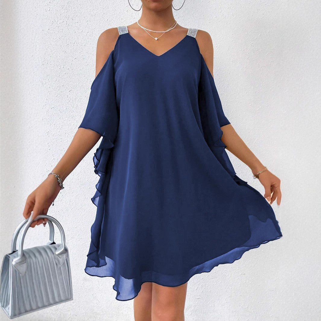 Chiffon off-the-shoulder dress for women with sparkling straps Lune London