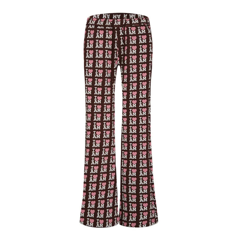 Women's High-Waist Lounge Pants with Flared Leg Cut, Drawstring and Allover Statement Print Amarae