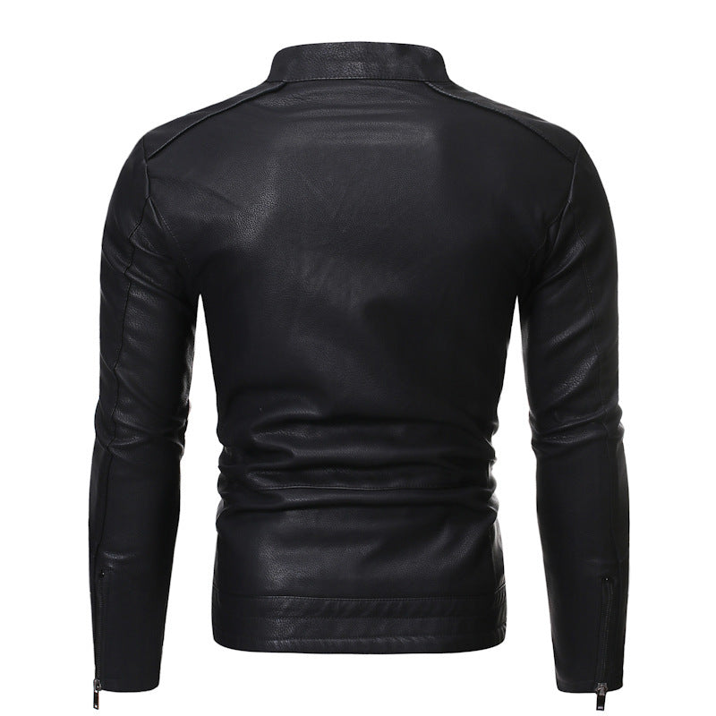 Stylish leather jacket for men with a high collar and practical zippered pockets Lune London