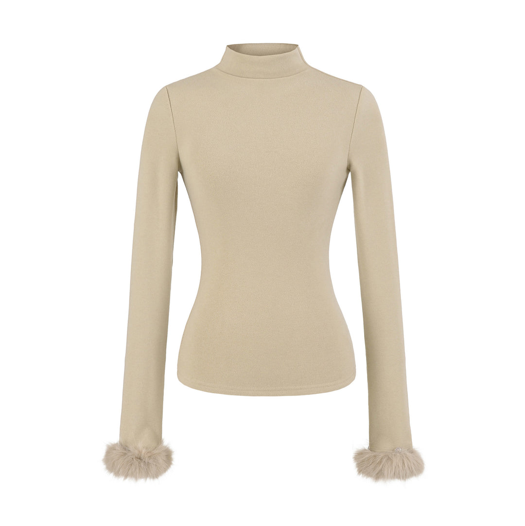 Women's Fitted Turtleneck Top with Faux Fur Cuffs Amarae