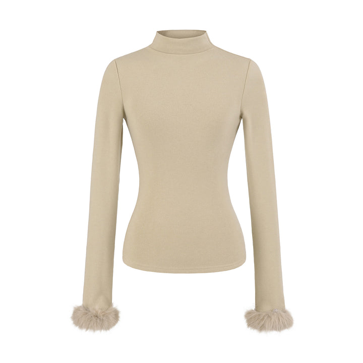 Women's Fitted Turtleneck Top with Faux Fur Cuffs Amarae