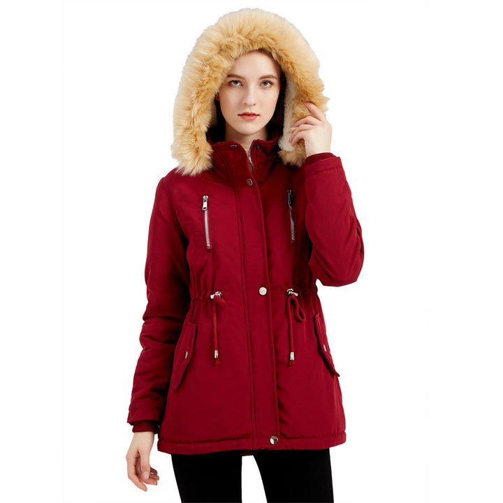 Veste de plein air pour femmes à la mode avec col en fausse fourrure amovible et cordon de taille élastique Lune London