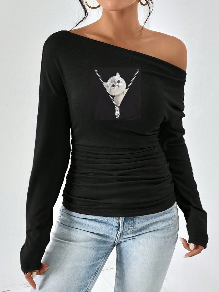Fitted long sleeve t-shirt for women with asymmetric neckline and ruching Lune London
